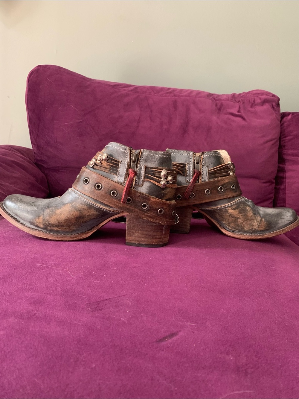 freebird Distressed Brown Leather Heeled Ankle Boots with Strap Detail